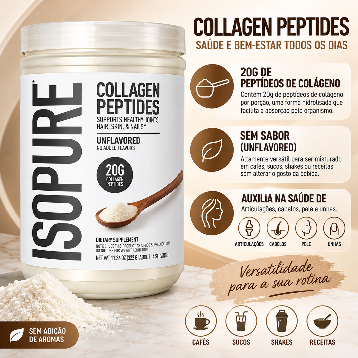 Colágeno Isopure Collagen Peptides 322g Sem Sabor Isopure