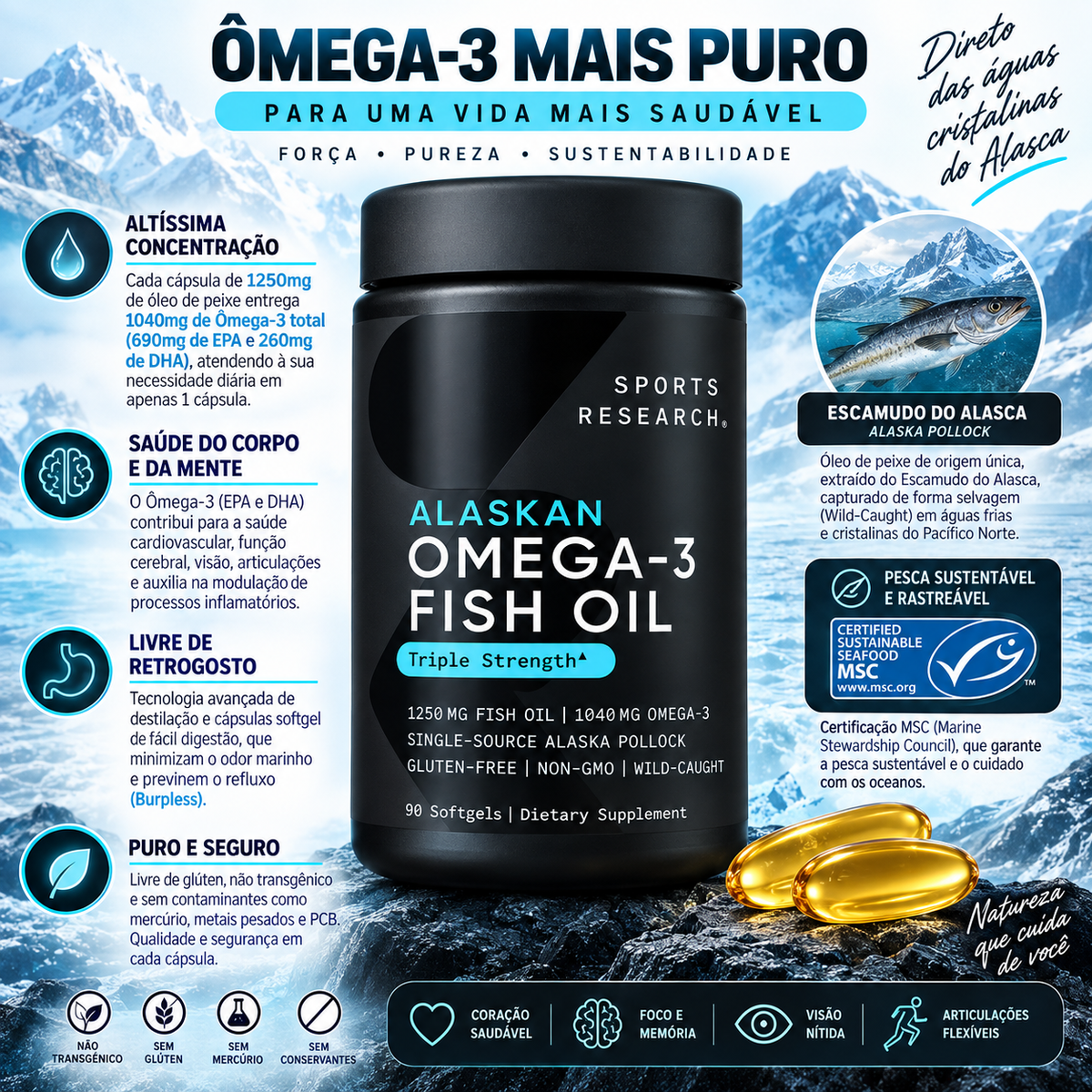 Ômega-3 Alaskan Triple Strength 90 Softgels Sports Research